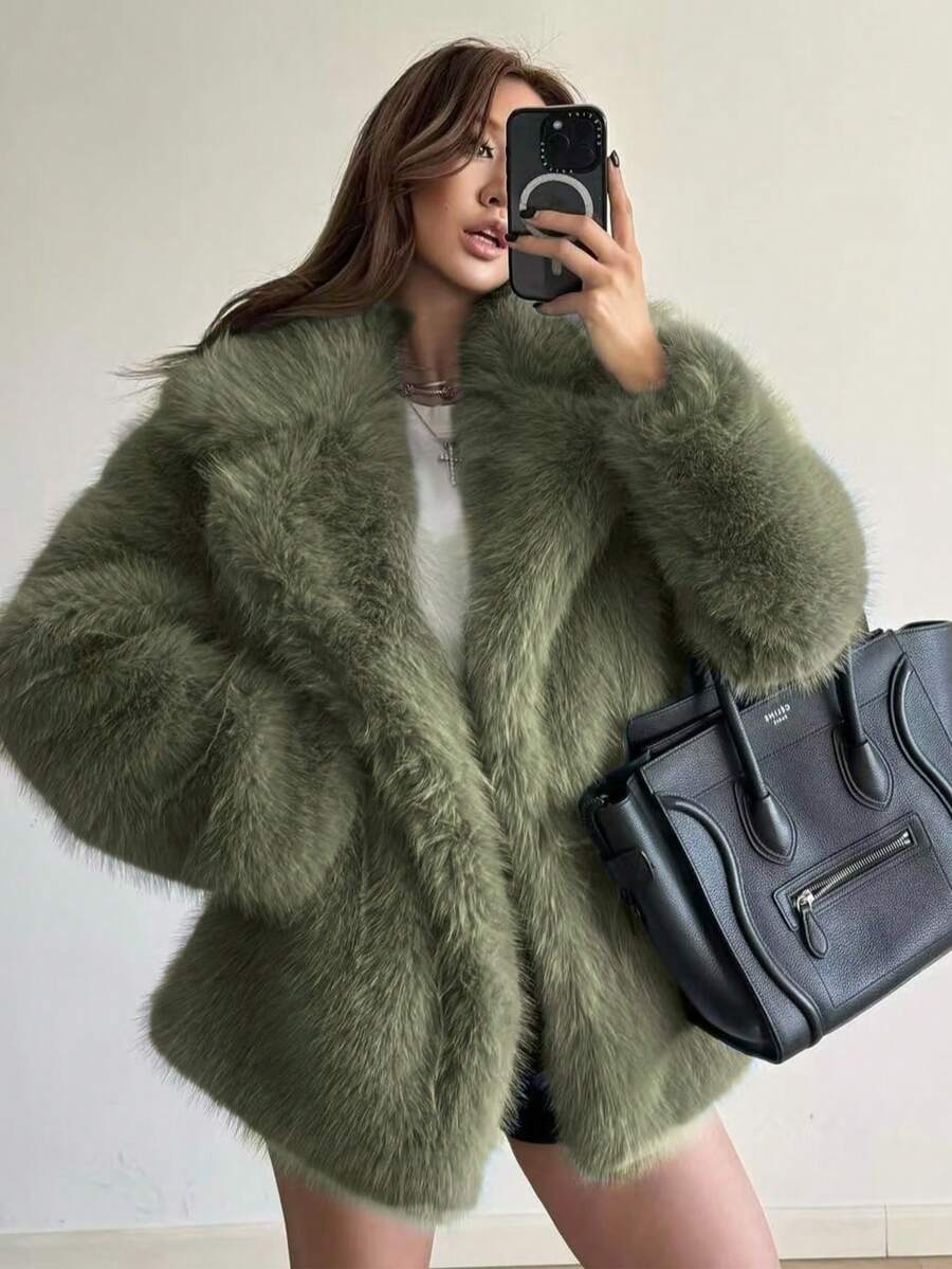 Damen Mode Kunstfell Kragen Jacke, Langarm, oberschenkellang, Knopftaschen, nicht dehnbarer regulärer Saum, bequeme Oberbekleidung