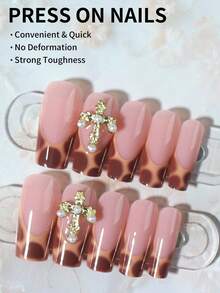 Eleva tu estilo con, Juego de 24 uñas postizas acrílicas cuadradas largas con estampado de leopardo y decoración 3D de cruz en marrón, con pegamento de gelatina y lima de uñas incluidos. Uñas francesas perfectas para uso diario, trabajo, fiestas y eventos para mujer y niña.