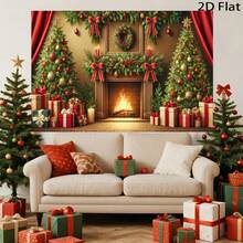 1 Peça Cenário de Bottom com Tema de Natal de Inverno com Papai Noel, Duendes, Lareira Crepitante, Árvore de Natal, Cena de Janela Nevada, Guirlanda, Meias, Caixas de Presente e Mais Elementos Decorativos Ideais para Festas de Natal, Reuniões Familiares e Adereços de Cabine Fotográfica, Material de Vinil
