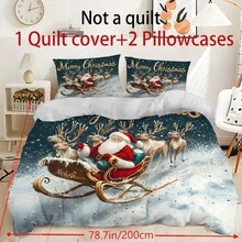 Decorațiuni de Crăciun, set de lenjerie de pat cu husă de pilotă, 2/3 buc, cu imprimeu de Moș Crăciun și reni, roșu, verde și auriu, set de pilotă, cu 1 husă de pilotă și 2 fețe de pernă, cuvertură de pat king-size, cearșaf de pat, poliester moale, prietenos cu pielea, lavabil la mașină, curățare chimică. Este potrivit pentru decorarea casei și a dormitorului, decorul camerei, decorul dormitorului, articole de decorare a camerei, set de pilotă queen-size, este un cadou bun de ziua de naștere.