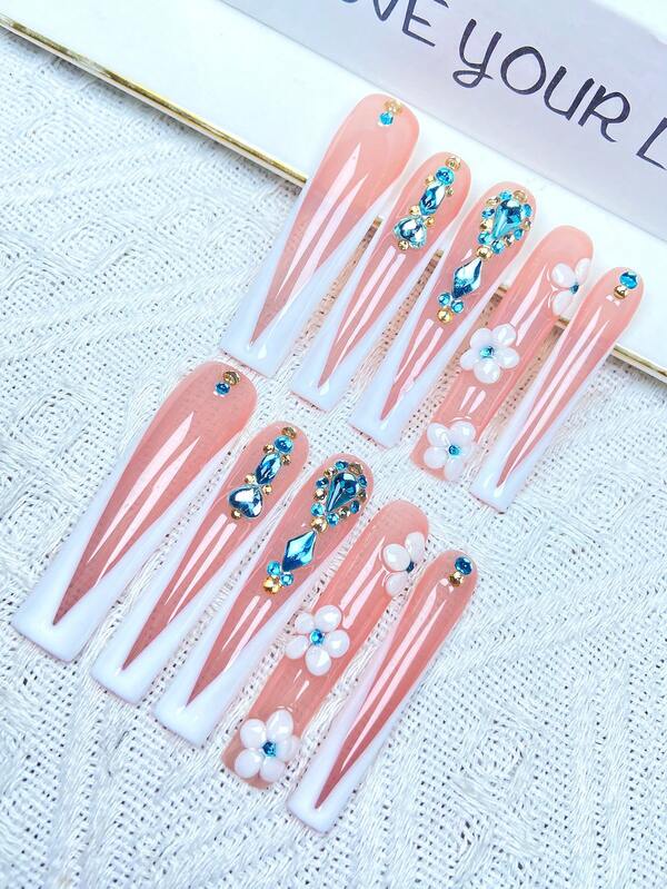 10 szt. Y2K Extra LongthFrench Press On Nails, pełne pokrycie, sztuczne paznokcie, ręcznie robione, Press On Nails z trójwymiarowymi, błyszczącymi, niebieskimi kryształkami, ręcznie robiony kwiatowy wzór, idealne na wesela, imprezy, walentynki, urodziny, prezenty świąteczne, idealnie dopasowane, wielokrotnego użytku zdobienia paznokci, 1 szt. żel żelowy/1 szt. mini paski polerskie, odpinany zestaw Press On Nails, odpowiednie dla kobiet i dziewcząt na imprezy świąteczne i do codziennego użytku, produkty do paznokci