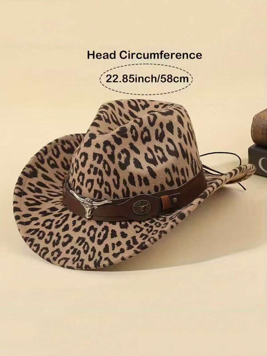 A Pair Of Men's And Women's Leopard Print Road West Cowboy Hats, A Detachable Classic Brown Cow Head Trim Cowboy Hat, A Women's Cowboy Hat, A Fashionable Hat That Is Lightweight And Suitable For Both Men And Women Throughout The Four Seasons, Perfect For Outdoor Activities Such As Music Festivals, Birthday Parties, And Christmas