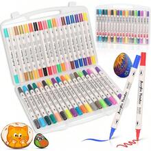 Plumones Acrilicos de Doble Punta - LIGUTEC Marcadores Acrílicos de Rotulador y Pincel Blanda para Niños y Adultos, con Estuche de PVC para Lienz Papel Vidrio y Madera (Blanco, 48 PCS) - Blanco - Ver 11