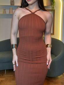 Tais Ribaninha Premium Dress With Elegant Adjustable Straps - Rust Brown - View 3