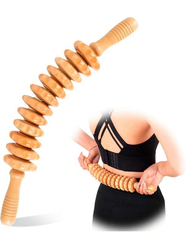 Wooden Massage Roller Stick - 12 Rollers - Curved Wood Therapy Massage Tool For Body Sculpting, Fascia Release & Lymphatic Drainage