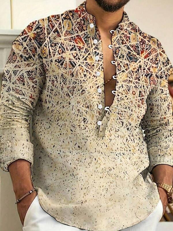 Chemise de mode homme à rayures géométriques multicolores - manches longues, col montant, boutons, 100% polyester, lavage en machine - parfait pour le quotidien et les tenues décontractées