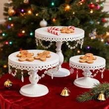 3Pcs Antique Cake Stand Set - Round Metal Cupcake Stands With Pendants And Beads - Elegant Dessert Display, For For Wedding, Birthday Party Decor, Gold/ White/Pink - trắng - Xem 3