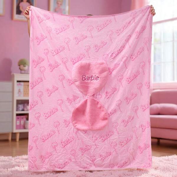 Miniso Barbie Pink Series Shaped Leisure Blanket (With Hanger) - Unique Heart-Shaped Design, High-Quality Plush Fabric, Delicate Embroidery Craftsmanship, Hanger Enhances Portability, Creating Warm Leisure Time(1 PC)