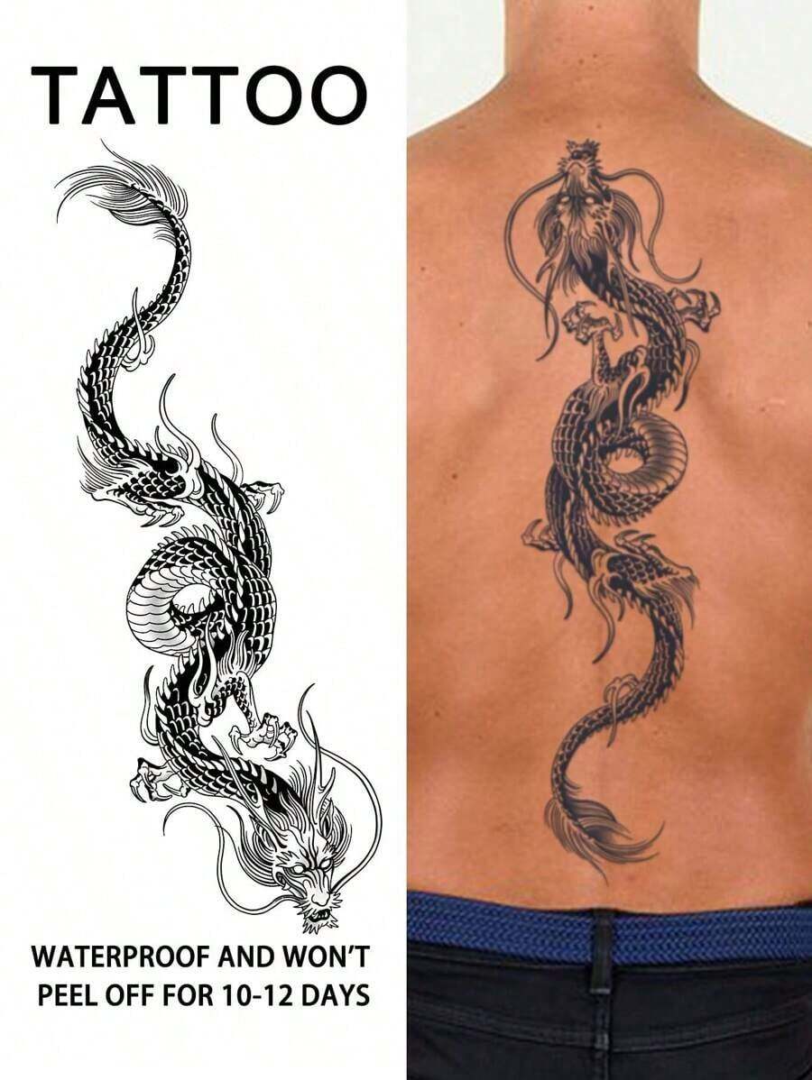 1pc Chinese Dragon Traditional Temporary  Tattoo Waterproof Sweatproof Last For 1-2 Weeks Realistic Herbal Juice Non-Reflective Geometric Faux Black Fake Tattoos For Man Tattoo Stickers ForBack,Shoulder, Arm Modernist Body Art - màu đen - Xem 1