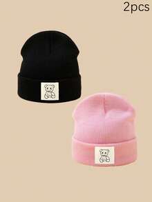 1/2/3pcs Unisex Line Bear Print Knit Beanie Hat, Soft Warm Casual Outdoor Fashion Headwear, Suitable For Daily Wear