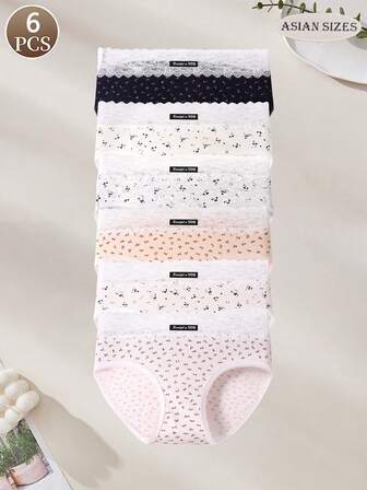 6-Piece Lace Patchwork Floral Letter Cotton Women's Underwear For Sports, Yoga, Daily Comfort And Seamless Women's Briefs