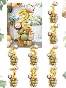 29pcs/Set Jungle Wild Animal Birthday Party Decorations, Cute Wild Animal Birthday Balloon Set, Includes Lion, Giraffe, Tiger Foil Balloons, Vintage Green & Brown Latex Balloons, 32inch Gold Number 1-9 Balloons, Suitable For Birthday Party Decor, 1st Birthday, Christening, Jungle Party, Ceremony, Baby Shower, Carnival Birthday, Wild Forest Zoo Theme Party Decorations, Home Decor Balloons, 1-9 Years Old Birthday Decor - Multicolor - View 3