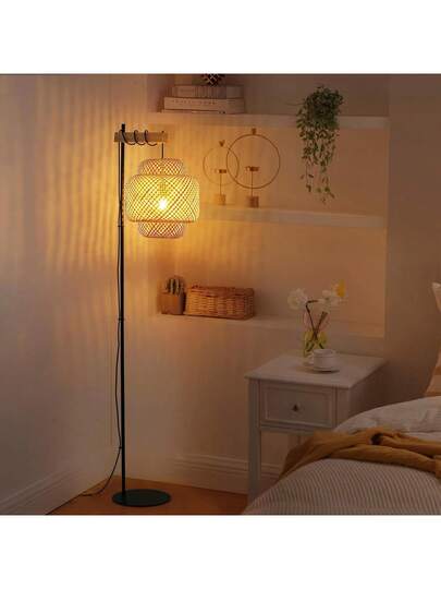 Alpinaluz "ANJA" Vloer Lamp Made Of Wood Wicker Bamboo Shade, Foot Switch, Moderne Living Room Or Kitchen view 6