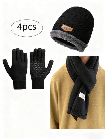 4pcs Cozy Knitted Thick Scarf, Hat, Gloves Set, Soft, Warm, Fashionable, Multipurpose, Suitable For Outdoor, Skiing, Cycling, Unisex, Ideal Christmas Gift For Friends And Family Accessories For Winter