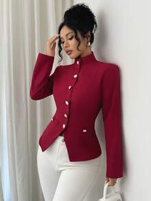 Women's Solid Color Woven Front Button Faux Pocket Casual Commuting Office Elegant Blouse, Suitable For Spring, Autumn And Winter