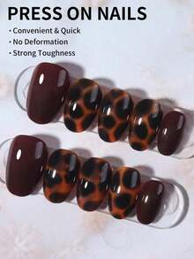 24pcs Short Oval Star Pattern Leopard Nails Design French Tip Press On Nails Short Perfect Fit Acrylic False Nail Set, Include: 1pc Jelly Glue And 1pc Nail File, French Tip Nails For Women And Girls Daily Life Rave Party Use-Halloween,Christmas,Fall,Winter, Supplies, MOUJ - Nâu 2 - Xem 3