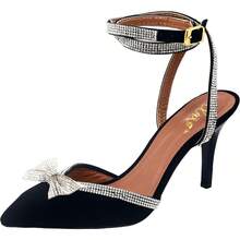 Women's Thin Heel Sandal With Rhinestones And Bow - Black - View 3