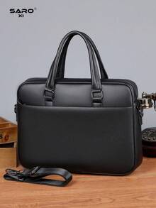 saroxi 男士公文包，经典大容量电脑包，PU 皮革简约纹理办公室/工作通勤包，适合送给丈夫的礼物，秋季 - 黑色 - 查看 13