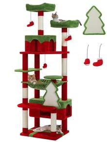 Christmas Cat Tree, 72 Inches Tall Cat Tower With 2 Perches, 2 Condos And Spacious Hammock, Attractive Cat House With Xmas Tree Scratcher, 7 Scratching Posts For Large Cats, Red - Đỏ - Xem 8