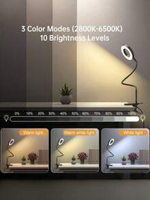 1 pieza Lámpara de escritorio con pinza LED de cuello de cisne ajustable, adecuada para mesas altas, regulable y ajustable de color, para trabajo, lectura, manualidades, computadora, videoconferencia, color negro - Negro - Ver 11