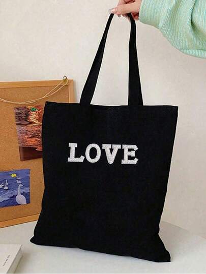 1 pieza Bolso de mano con forma de corazón de lona negra, bolso de mano con forma de corazón de amor, bolso de regalo decorado con perlas y rhinestones, bolso lindo, bolso de lona, bolso de moda, bolso de lona casual, bolso de regalo con estampado de letras, bolso casual con múltiples bolsillos, bolso de mano con estampado de letras retro