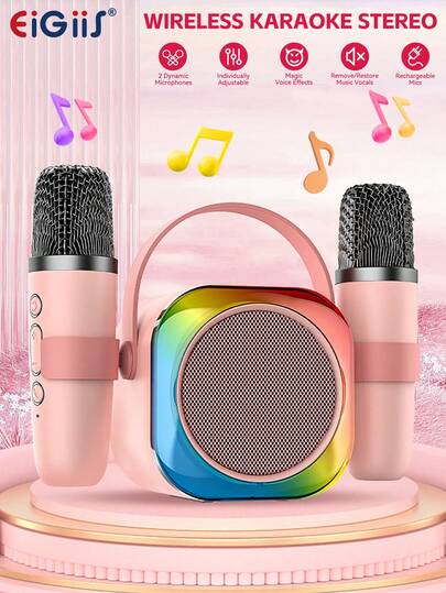 EIGIIS 1pc Karaoke Machine For Adults, Mini Portable Bluetooth Speaker With 2 Wireless Microphones And Lights, Toys For Family Home Party Christmas Birthday Gifts For Girls Boys