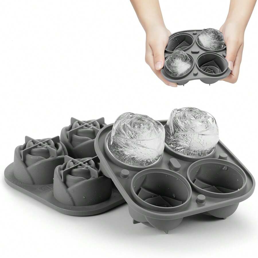 4-Cavity Gray Rose Ice Cube Tray With Lid, For Freezing 3D Rose Ice Cubes For Whiskey Cocktails And Fruit Drinks, Flexible Silicone Easy Release Cover With Built-In Funnel, 1pc