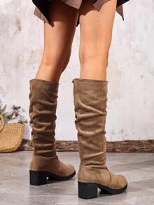 女士厚底圆头仿麂皮褶皱中筒靴，时尚驼色，适合春、秋、冬季穿着 - 淺咖色 - 查看 5