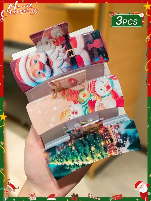 3pcs Women's Christmas Square Hair Clips, Female Hair Accessories, Printed With Various Christmas Elements, Christmas Decorative Accessories Suitable For Casual Daily And Holiday Parties, Christmas Gifts, Christmas Hair Accessories