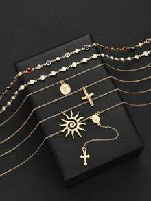 Set de 6 collares con colgantes de metal vintage en forma de cruz, retrato y sol; Set de collares con colgantes de cristal de colores estilo bohemio, adecuado para uso diario, vacaciones, fiestas, citas de mujeres, regalo de vacaciones para amigos - Amarillo Oro - Ver 6