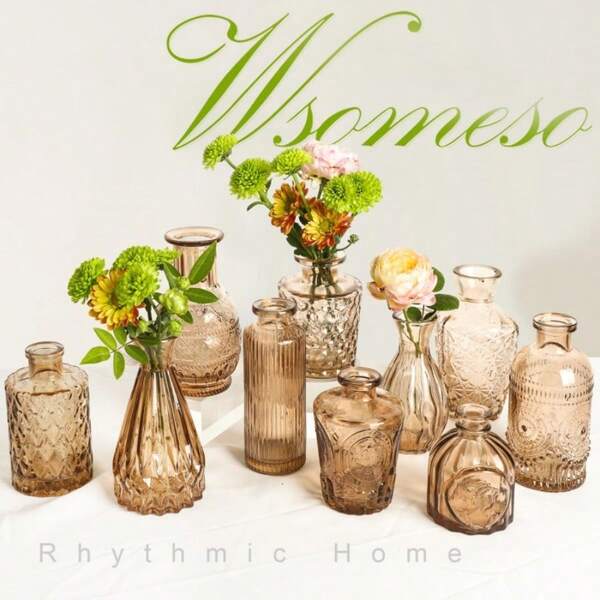 12 piezas Juego de jarrones de cristal transparente ámbar para capullos, jarrones decorativos vintage para Navidad, elegante florero para arreglos florales en bodas rústicas, decoración de flores para mesa del hogar