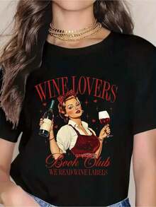 Wine Lovers Book Club-Shirt - We Read Wine Labels, Vintage Pin-Up Design, Funny Wine Lover Women, Casual Graphic Tee Wine Enthusiasts And Book Clubs - 黑色 - 查看 1