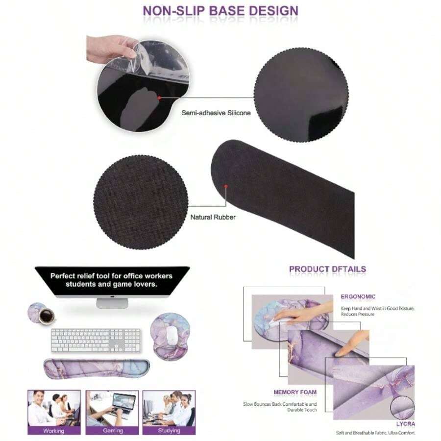 Upgraded Wrist Rest Support Mouse Pad Keyboard, Gel Mousepad Non - Slip Rubber Base Home, Office, Easy Typing Cushion Neoprene, Soft Foam, Purple Heart - Đá cẩm thạch xanh tím - Xem 1