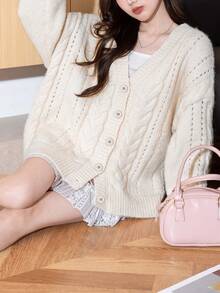 Alicedudu Women's Casual Elegant Hollow Design V-Neck Knit Cardigan Sweater, Autumn/Winter