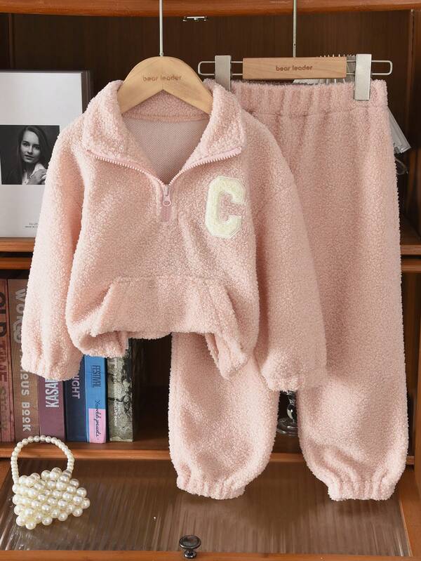 2pcs/Set Young Girl's Casual Minimalist Fleece Collar Long Sleeve Jacket And Pants Set, Autumn/Winter