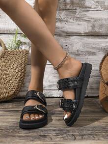 原创 Overstock 酷炫风格带扣高时尚百搭沙滩凉鞋 - 黑色 - 查看 1