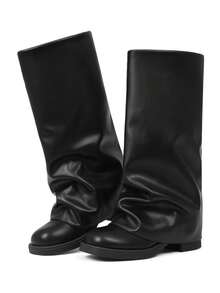 Women's Knee High Boots Round Toe Block Heel Boots Slouchy Casual Pull On Boots With Side Zipper Mid Calf Riding Boots Fold Over Chunky Low Heel Platform Boots Fashion Party Daily Work Boots - 黑色 - 查看 2