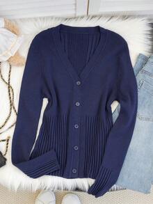 V领设计，细扣环，长袖，罗纹针织开衫，女士秋冬/返校季必备 - 藏青色 - 查看 5
