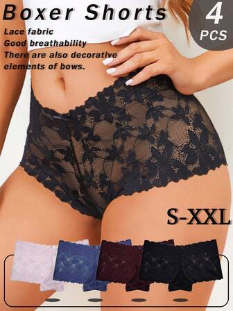 4 st/set enfärgat hög midja blommig spets rosett design andningsbara bekväma sexiga damer trosor set, dagligt nödvändigt lämpligt för privat fest, speciella tillfällen, dejter, S-XXL