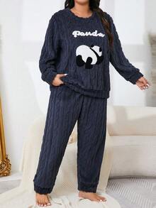 Plus Size Women's New Velvet Embroidered Floral Thick Warm Fluffy Sleepwear Set, Long Sleeve Top And Pants, Suitable For Outerwear, Winter, Cozy Clothes - Navy Blue - View 5