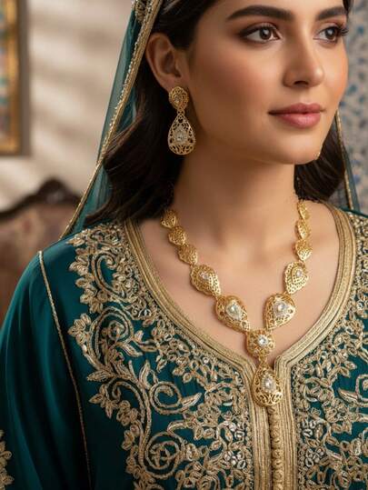 1 Set arabischer Palast-Stil Metalleinlegearbeit Kristall Wassertropfen Anhänger Halskette mit Cut Out Ohrringen, Naher Osten Muslimische Hochzeit Party Festival Schmuckset als Geschenk