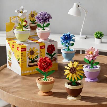 This Vase-Shaped Building Block Set Includes Multiple Designs Such As Purple Bubbles, Hibiscus, Bellflowers, Roses, Carnations, And Sunflowers. These Plant-Themed Home And Office Decorations Make Perfect Gifts For Valentine's Day, Birthdays, And Mother's Day. (Toy Building Blocks)