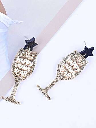1 Pair Happy New Year Themed Wine Glass & Star Earrings, Fashionable For Women To Wear Casually