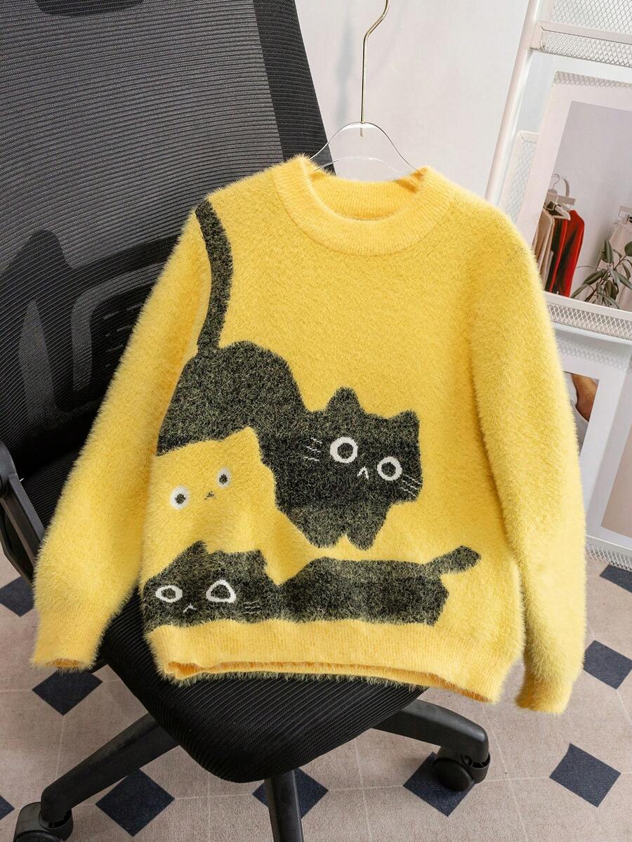 Girls' Cute Cat Pattern Faux Fur Knit Pullover Sweater, Suitable For Casual Everyday Wear, Spring/Autumn/Winter - Yellow - View 1