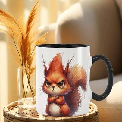 1个11盎司带手柄陶瓷咖啡杯，单面动物印花杯，愤怒的小松鼠图案水杯，新颖的礼物。适用于热饮或冷饮，是夏季和冬季的理想饮具。万圣节、圣诞节、婚礼、生日和情人节的完美礼物