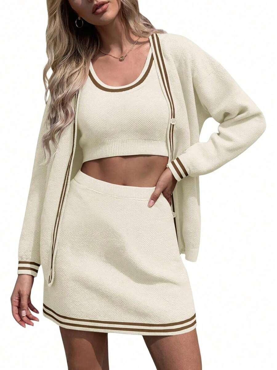 Fisoew Womens Sweater Sets Knit 3 Piece Casual Long Sleeve Button Cardigan High Waisted A Line Skirts Workout Lounge Set - Màu be - Xem 1