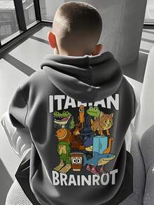 1pc Tween Boy Casual Printed Pullover Sweatshirt, Thermal Lined, Long Sleeve, Autumn/Winter - Dark Grey - View 8