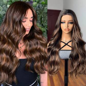 女士黑色长波浪假发 26 英寸中分长卷发假发 耐热合成发质 天然纤维假发 适合日常派对使用