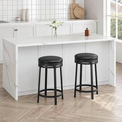 Juego de 2 Taburetes Altos Giratorios 360°, Altura 24 Pulgadas, Tapizados en Piel PU y Estructura de Metal, Taburetes Altos Redondos sin Respaldo para Cocina, Comedor, Barra de Hogar