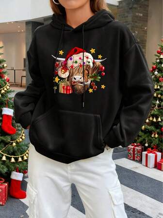 Christmas Women's Casual Daily Hooded Sweatshirt With Cow, Christmas Hat, Colorful Light Pattern Printing, Winter Clothing Design, Suitable For Outdoor Wear, Drawstring Pocket, Suitable For Autumn And Winter Seasons, Women's Patterned Printed Hooded Sweatshirt